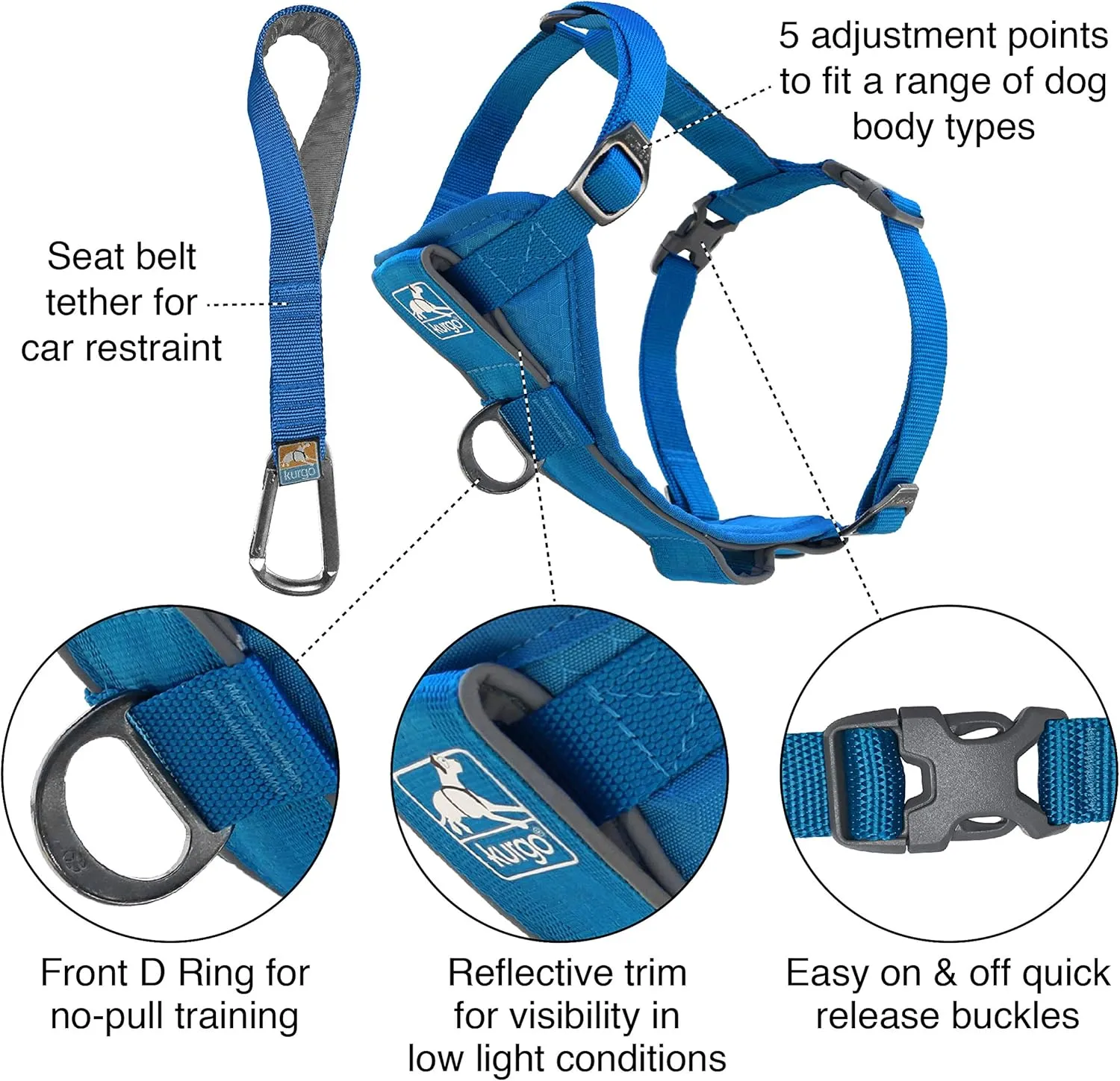 Kurgo Tru-Fit Smart Harness, Dog Harness, Pet Walking Harness, Quick Release Buckles, Front D-Ring for No Pull Training, Includes Dog Seat Belt Tether (Blue, Medium)