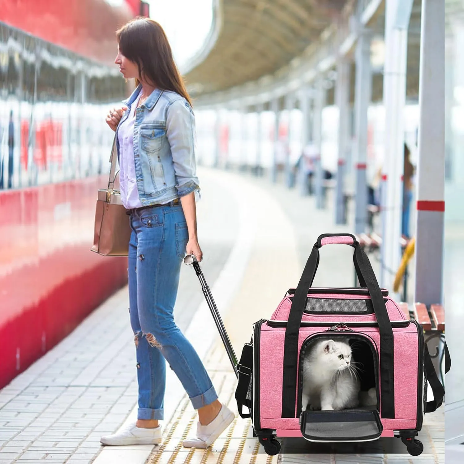 Large Dog Cat Carrier with Wheels,Foldable Rolling Pet Carrier for Cat Dog Under 18 lbs,Breathable Cat Carrier Travel Bag with Telescopic Handle and Mesh Pocket for Outdoor Walking Travel