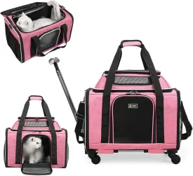 Large Dog Cat Carrier with Wheels,Foldable Rolling Pet Carrier for Cat Dog Under 18 lbs,Breathable Cat Carrier Travel Bag with Telescopic Handle and Mesh Pocket for Outdoor Walking Travel