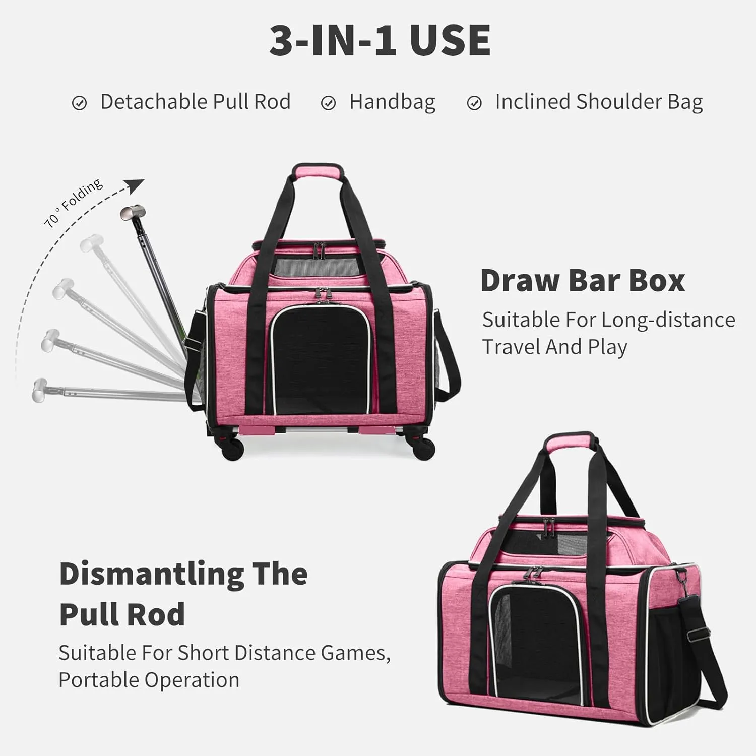Large Dog Cat Carrier with Wheels,Foldable Rolling Pet Carrier for Cat Dog Under 18 lbs,Breathable Cat Carrier Travel Bag with Telescopic Handle and Mesh Pocket for Outdoor Walking Travel