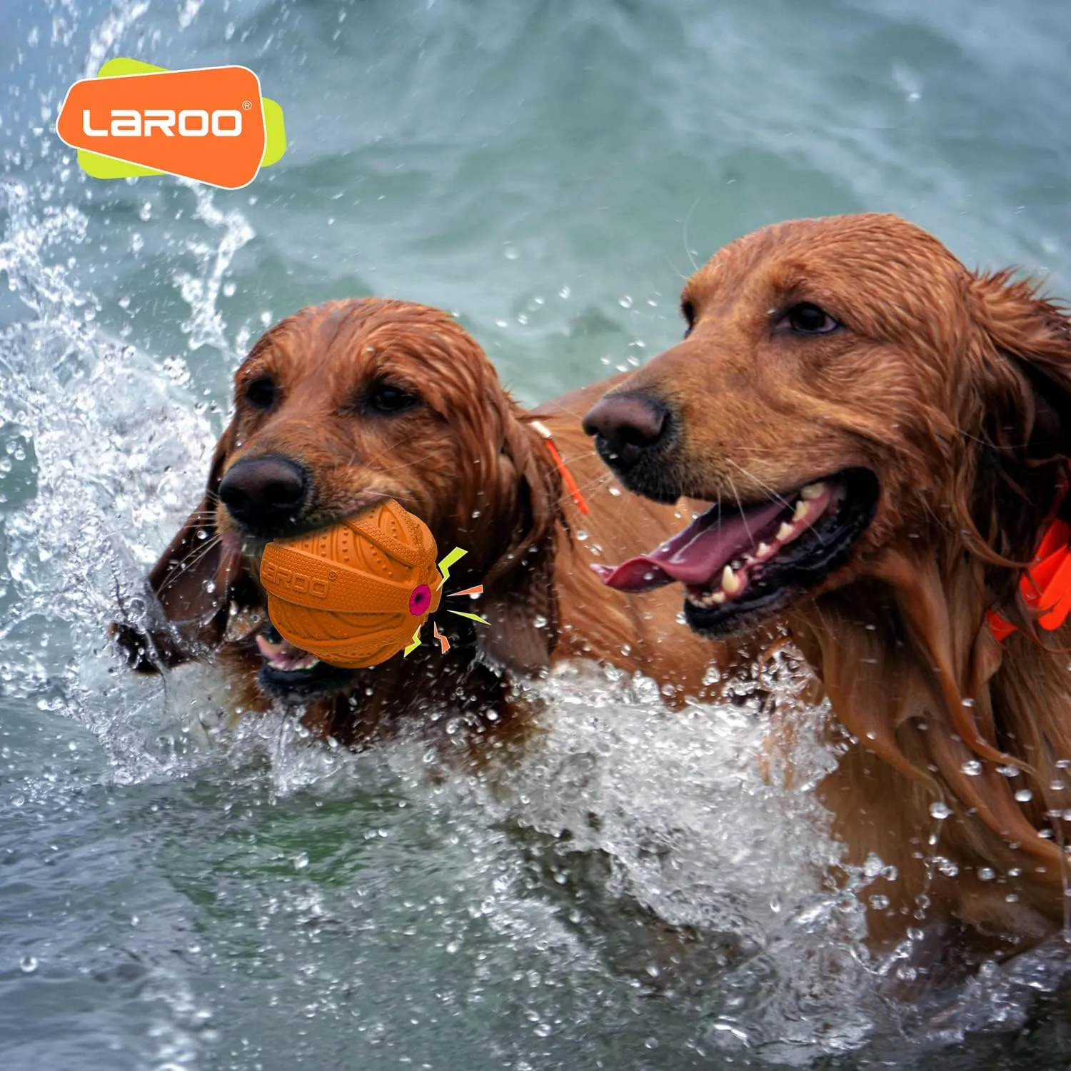 LaRoo Squeaky Dog Ball Toy, Durable Natural Rubber Squeaker Ball Floating Throwing Training, Teeth Cleaning Chew Toy for Pet Small Medium Large Dogs (3.5In Orange)