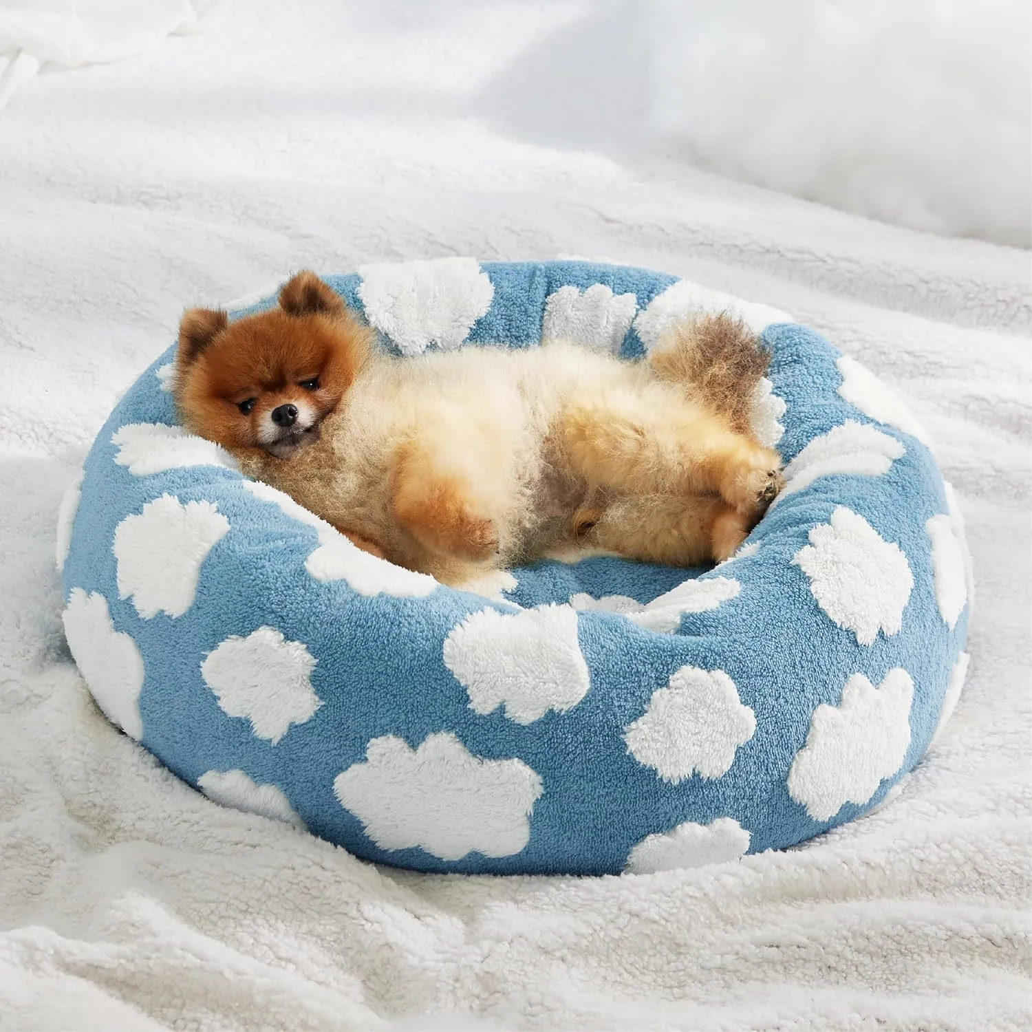 Lesure Donut Dog Bed Cover Small Washable Replacement Cover Jacquard Shaggy Plush for Cute Pet Cat Mat 23x23x8 Inches, Light Blue