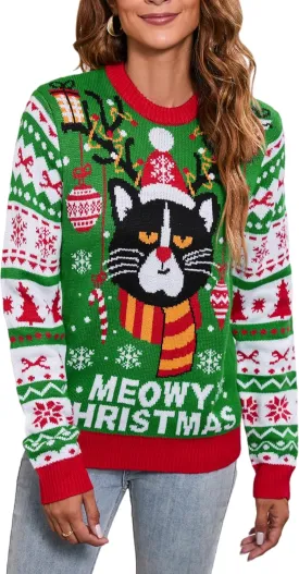 LUBOT Ugly Christmas Sweater for Women Christmas Cardigans Long Sleeve V Neck/Crewneck Xmas Button Down Knit Sweaters