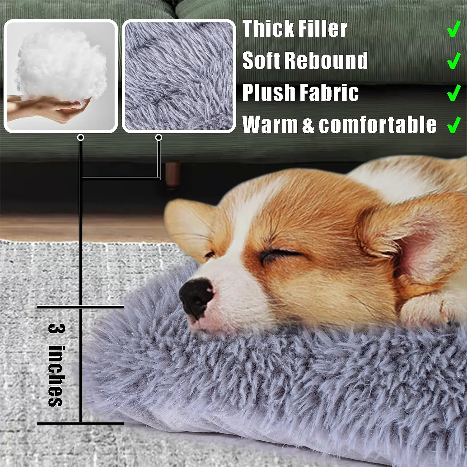 Machine Washable Dog Bed, Deluxe Plush Dog Crate Pad and Cat Bed, Anti-Slip Bottom Kennel Pad Mat, Fuzzy Pet Beds for Large, Medium, Small Dogs Breeds (Grey, 24.0" L x 18.0" W x 3.0" Th x 2 Pack)