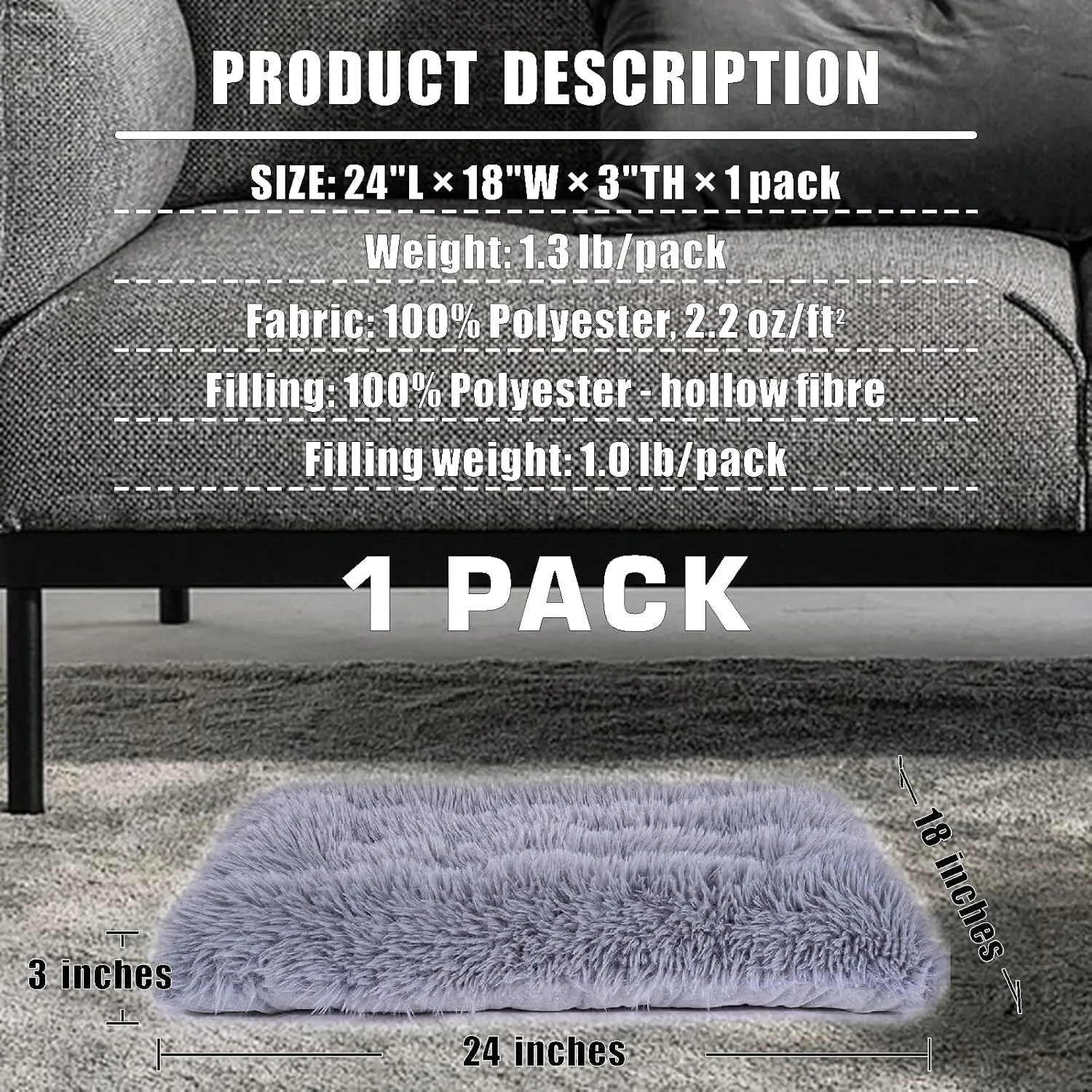 Machine Washable Dog Bed, Deluxe Plush Dog Crate Pad and Cat Bed, Anti-Slip Bottom Kennel Pad Mat, Fuzzy Pet Beds for Large, Medium, Small Dogs Breeds (Grey, 24.0" L x 18.0" W x 3.0" Th x 2 Pack)