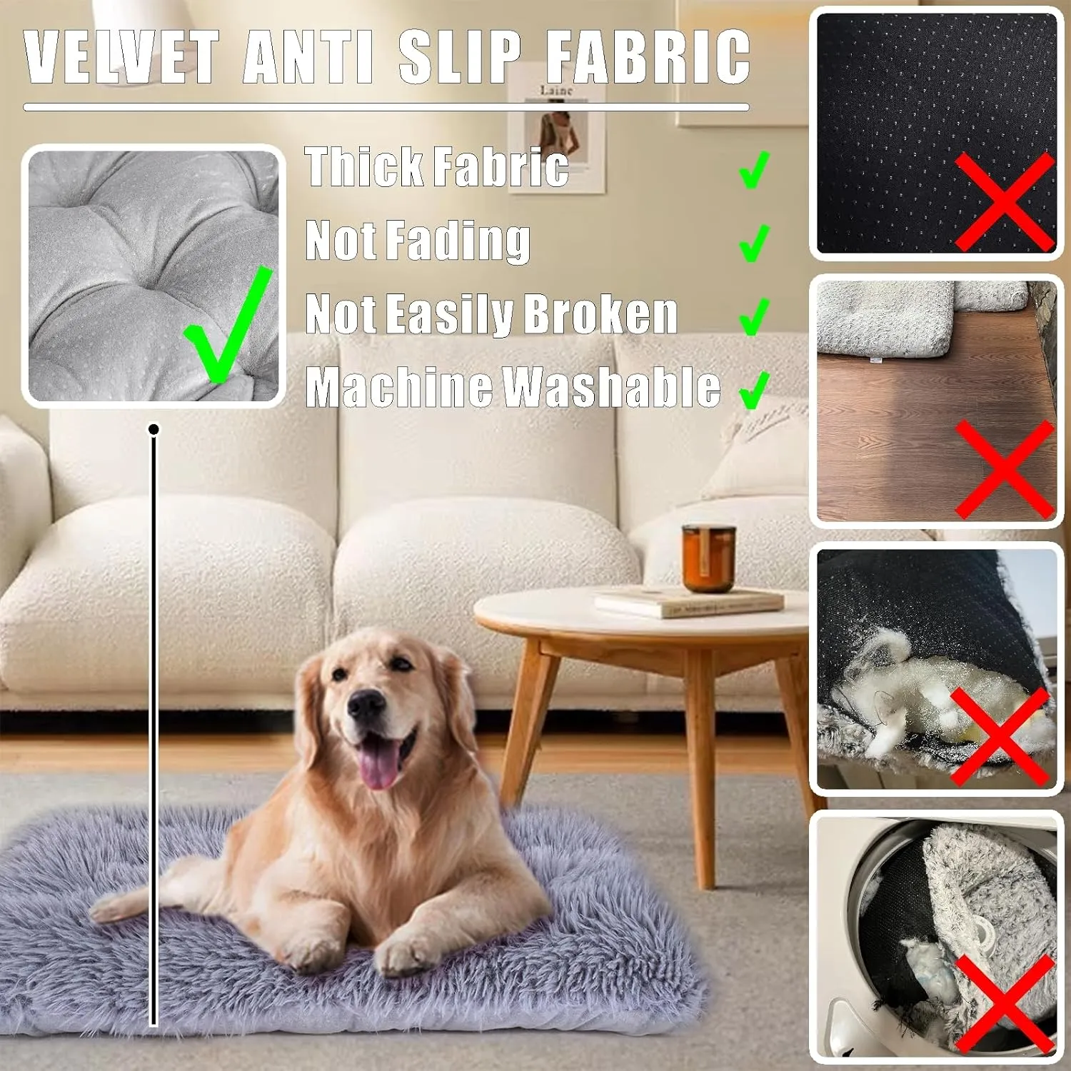 Machine Washable Dog Bed, Deluxe Plush Dog Crate Pad and Cat Bed, Anti-Slip Bottom Kennel Pad Mat, Fuzzy Pet Beds for Large, Medium, Small Dogs Breeds (Grey, 24.0" L x 18.0" W x 3.0" Th x 2 Pack)
