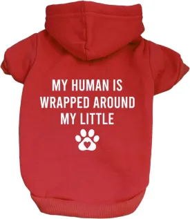 My Human is Wrapped Around My Little Paw Valentine's Day Dog Hoodie Fleece Lined Pullover Sweatshirt with Leash Hole (Red, Large 103)