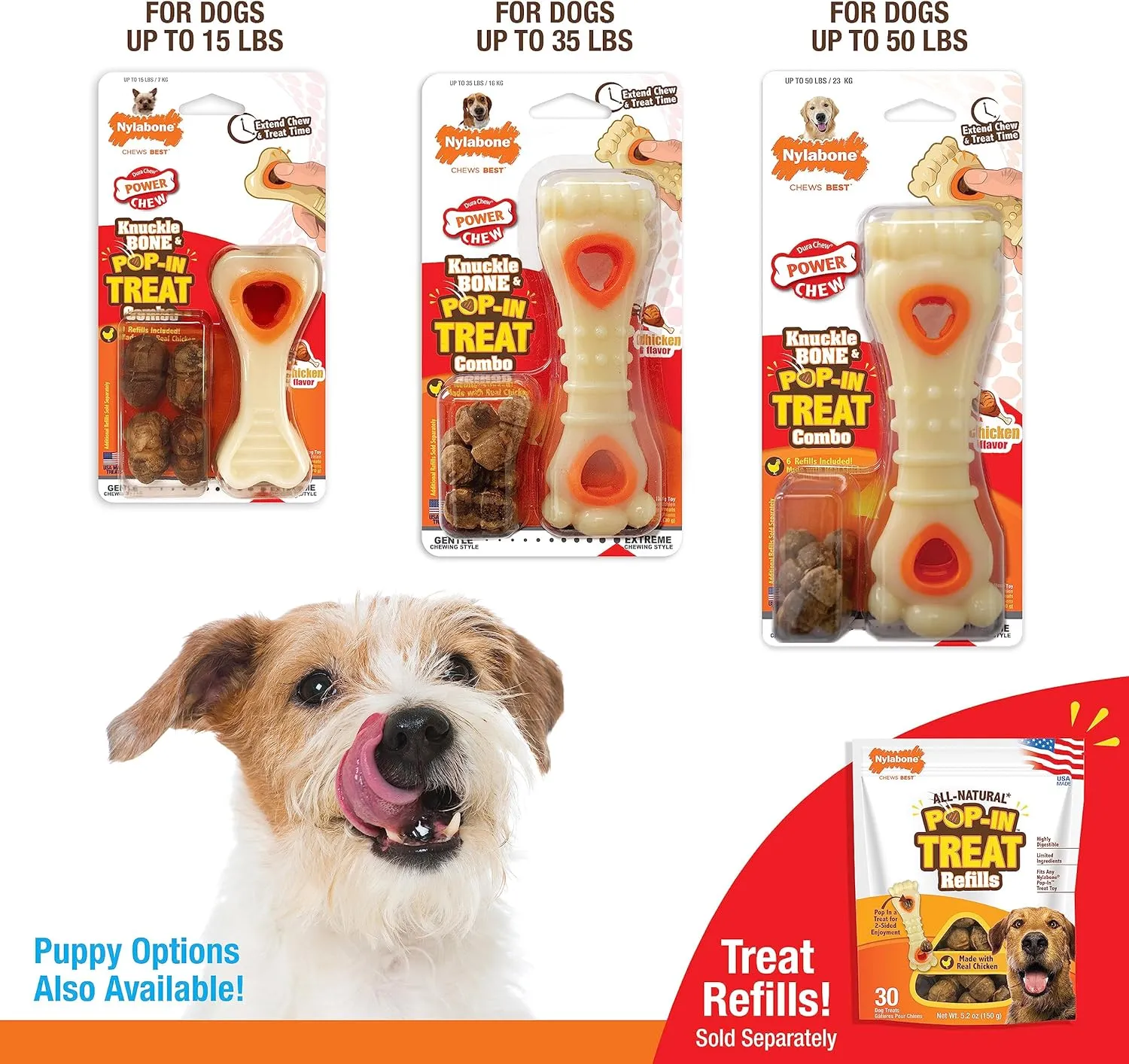Nylabone Knuckle Bone & Pop-In Puppy Treat Toy Combo Power Chew Toy for Dogs, Dog Toys for Aggressive Chewers, Chicken Flavor, Medium - Up to 35 lbs, 1 Count