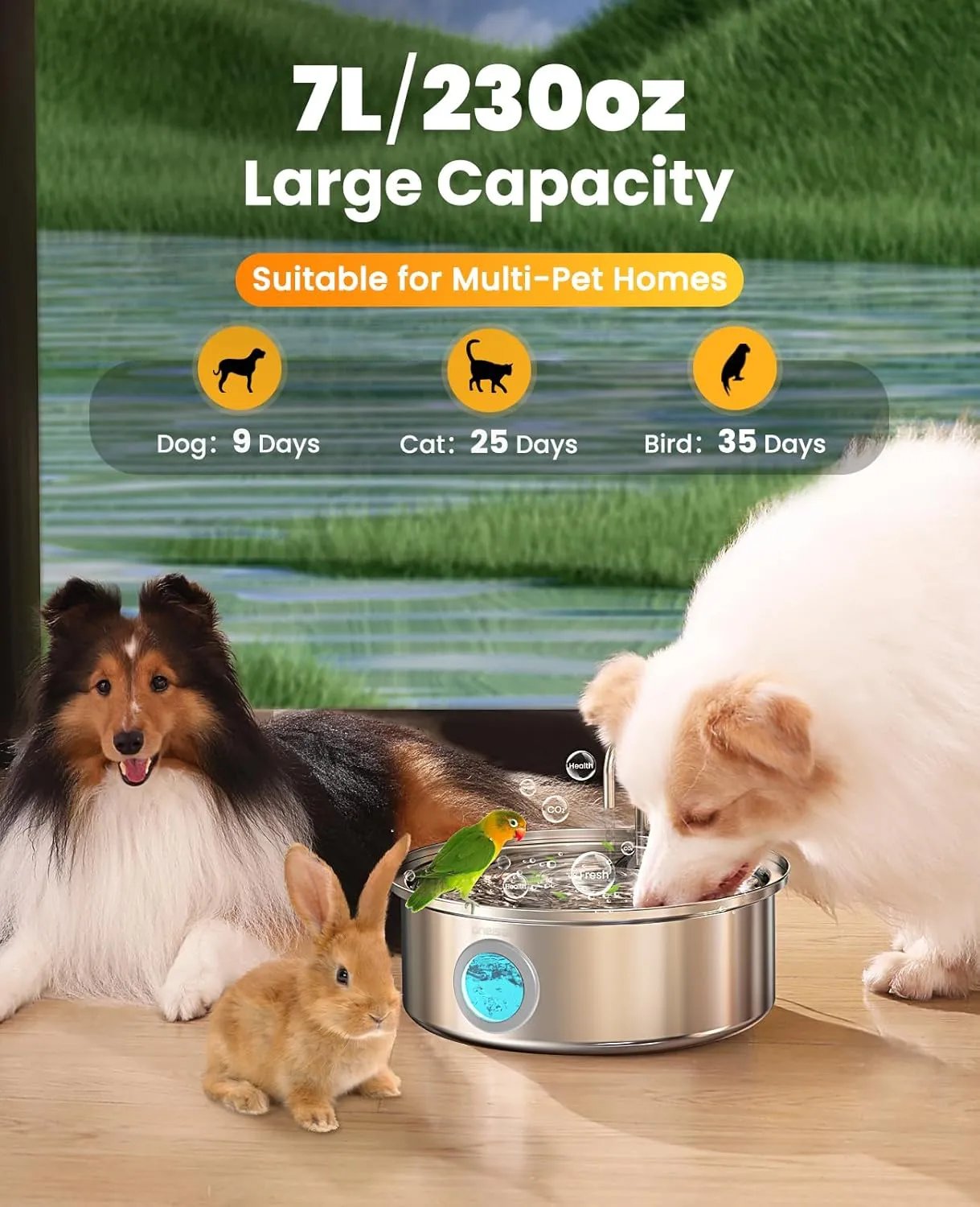 oneisall Dog Water Fountain, 7L/230oz/1.8G Quiet Dog Fountain Water Bowl, Stainless Steel Dog Water Fountain with Visual Water Level&Triple Filtration for Large Medium Small Breed Dogs Pets