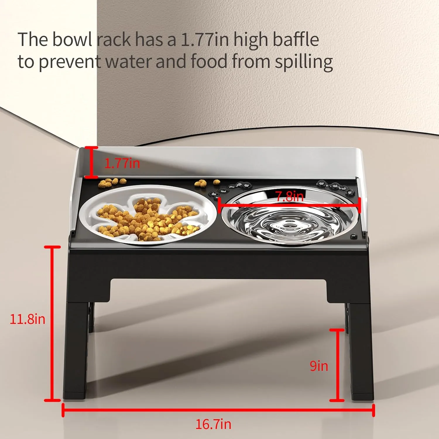 PAKEWAY Elevated Dog Bowls, Spill Proof, Tiltable Dog Feeder with 1 Stainless Steel Bowl &1 Slow Feeder Bowl, 6 Height Adjustable Raised Dog Bowls Stand for Medium Large Dogs