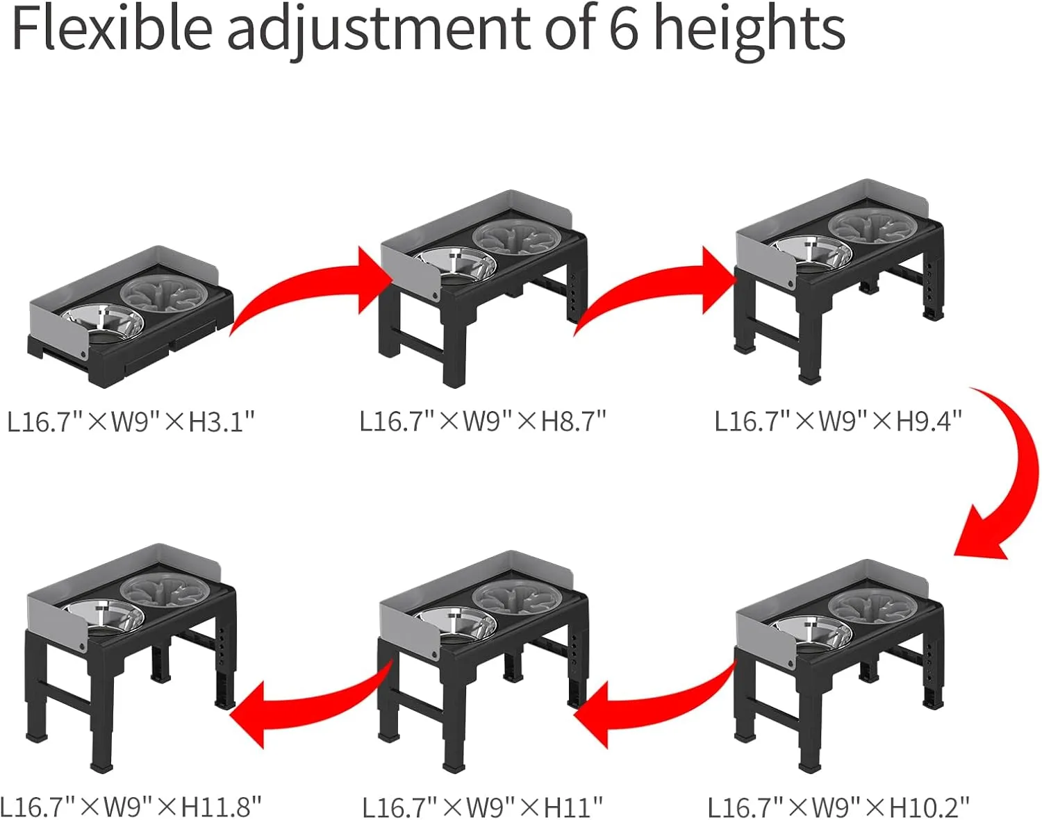 PAKEWAY Elevated Dog Bowls, Spill Proof, Tiltable Dog Feeder with 1 Stainless Steel Bowl &1 Slow Feeder Bowl, 6 Height Adjustable Raised Dog Bowls Stand for Medium Large Dogs