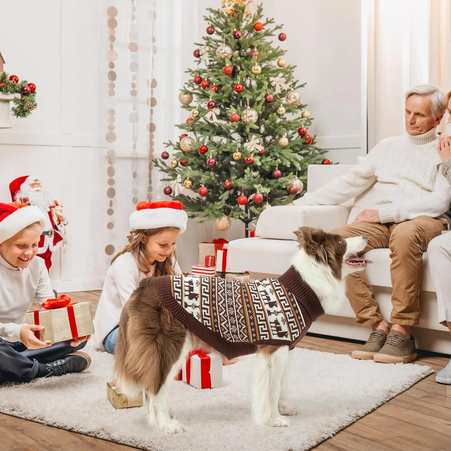 SCENEREAL Girls and Boys Winter Dog Sweater, Turtleneck Pullover - XS Khaki-Reindeer, Christmas Outfit for Dachshund, Yorkie, Chihuahua