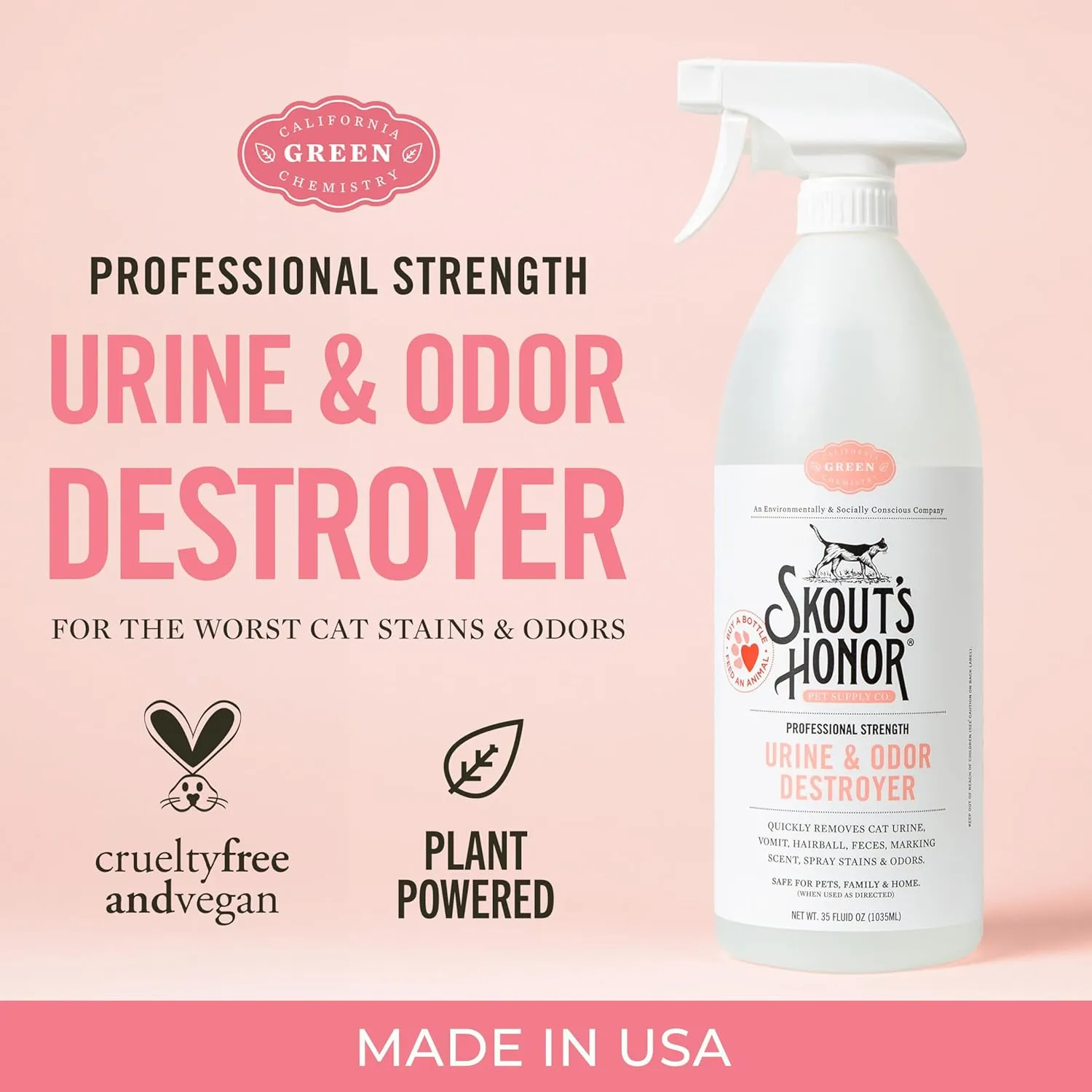 Skout's Honor Cat Urine & Odor Destroyer - Professional Strength, Plant-Powered, Cruelty-Free Urine Eliminator for Carpets and Indoor Living Spaces, 35 oz.