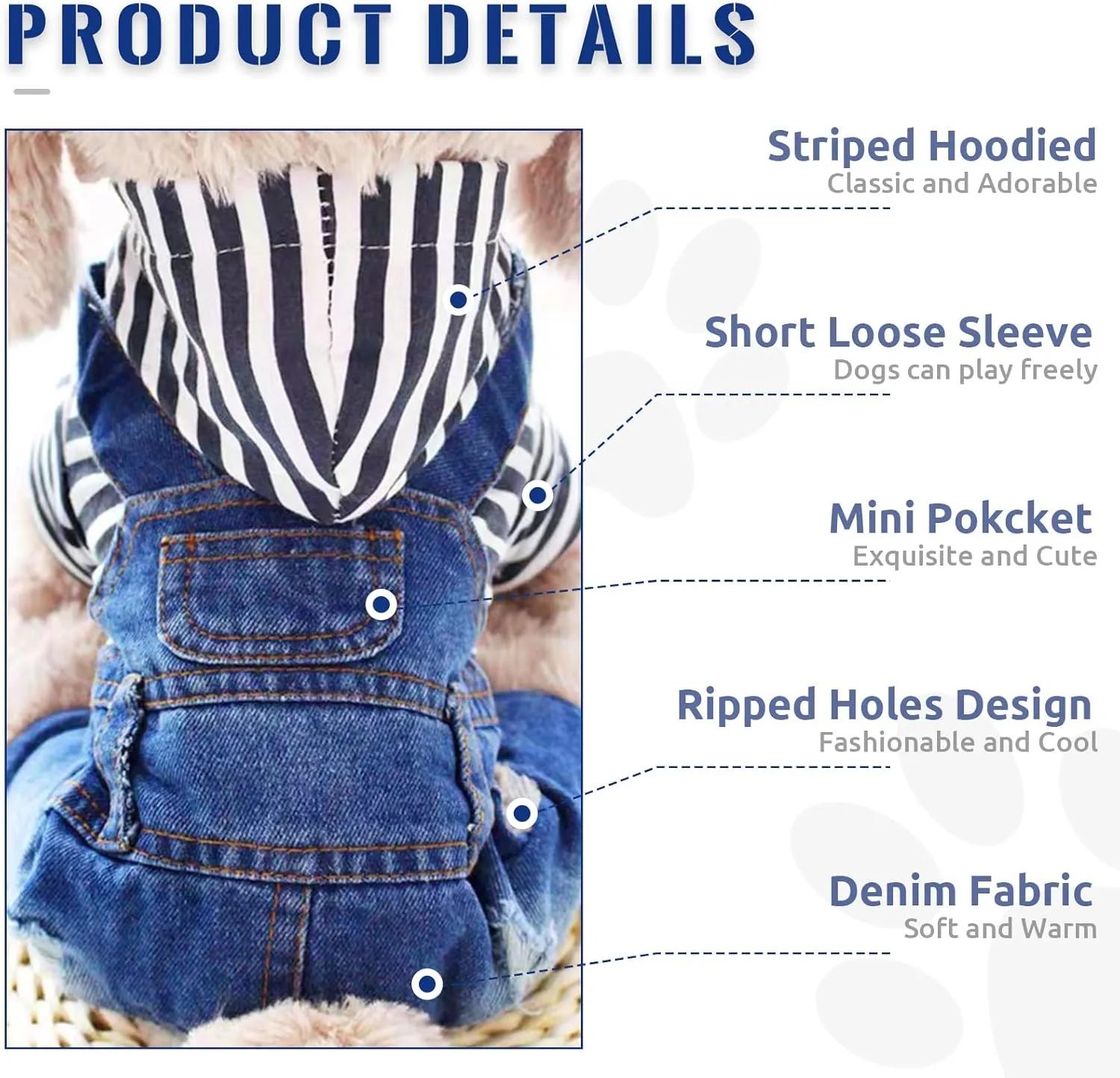 Small Dog Hoodie Clothes Cute Stripe Shirts Denim Jumpsuit One-Piece Outfit for Small Medium Dogs Cats Boy Girl Chihuahua Blue Jeans Overalls Puppy Costume (Blue,M)