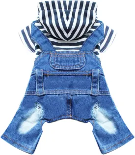 Small Dog Hoodie Clothes Cute Stripe Shirts Denim Jumpsuit One-Piece Outfit for Small Medium Dogs Cats Boy Girl Chihuahua Blue Jeans Overalls Puppy Costume (Blue,M)