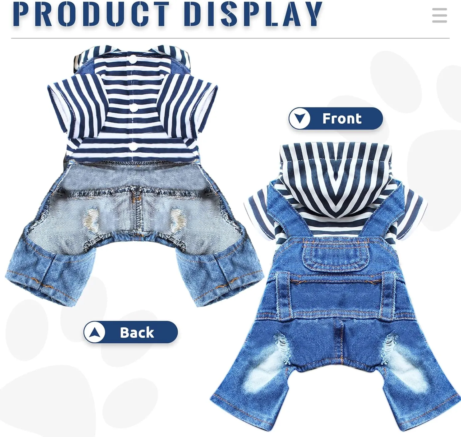 Small Dog Hoodie Clothes Cute Stripe Shirts Denim Jumpsuit One-Piece Outfit for Small Medium Dogs Cats Boy Girl Chihuahua Blue Jeans Overalls Puppy Costume (Blue,M)