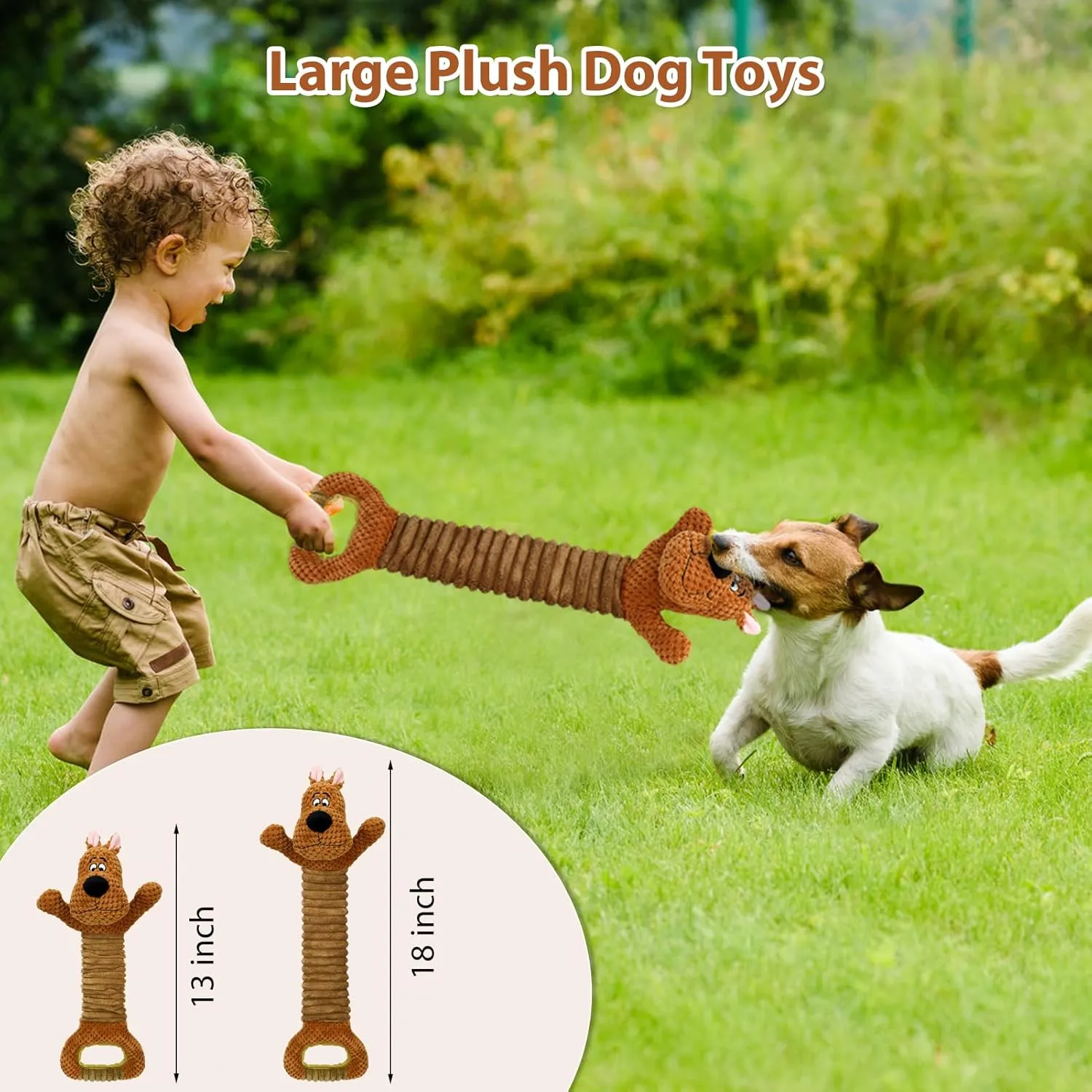 Squeak Plush Dog Toys Interactive Tug of War Puppy Toys with Crinkle Paper, Large Dog Chew Toy Pull Pet Toy for Small, Medium and Large Dogs