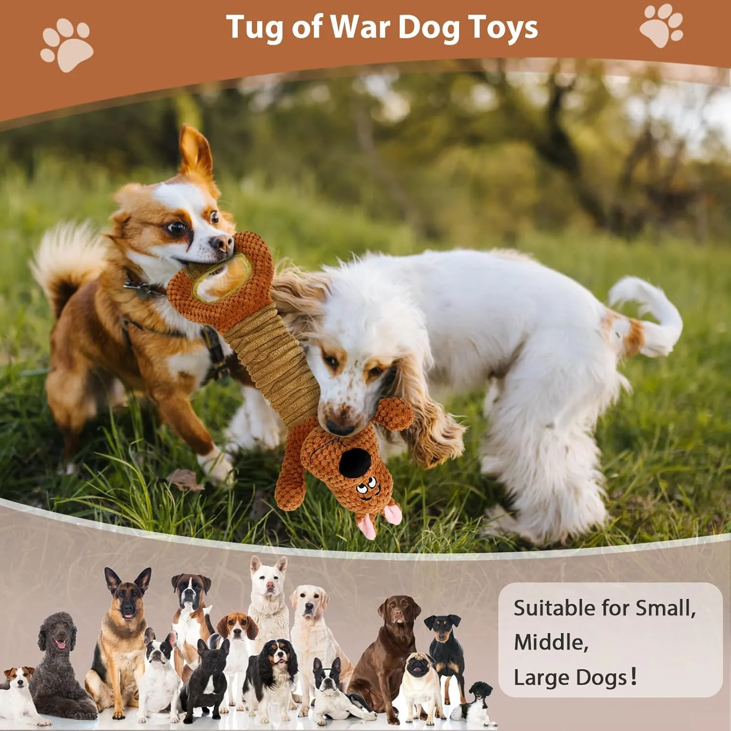 Squeak Plush Dog Toys Interactive Tug of War Puppy Toys with Crinkle Paper, Large Dog Chew Toy Pull Pet Toy for Small, Medium and Large Dogs
