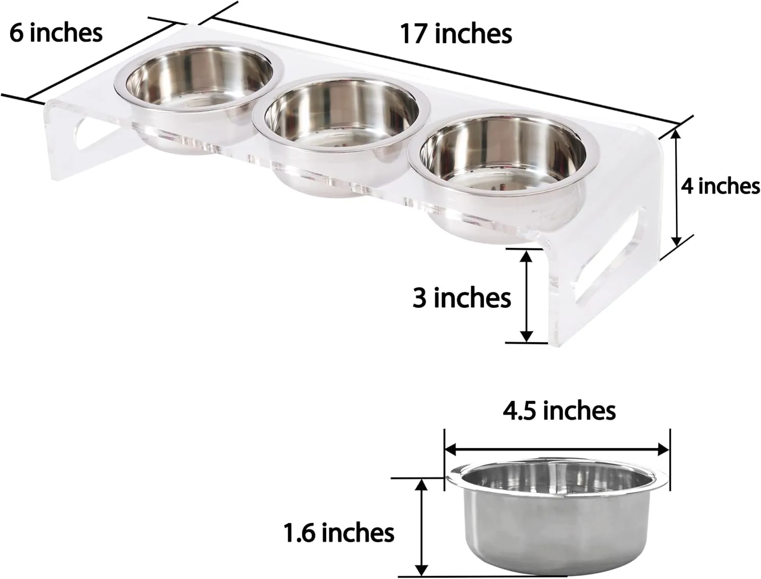 Tilted Raised Elevated Food and Water Bowls Stand for Cat or Small Dogs - Puppy's Clear Acrylic Stainless Steel 3 Dishes Holder for Boy or Girl Pet by WBhonghui (Clear-3bowls)
