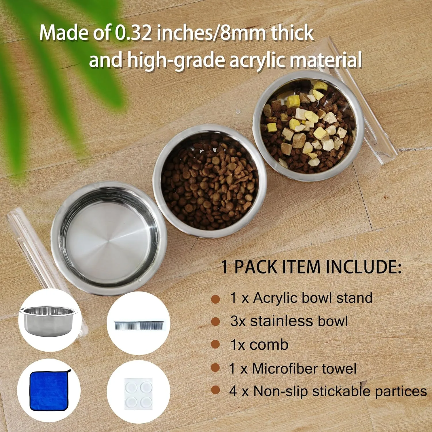 Tilted Raised Elevated Food and Water Bowls Stand for Cat or Small Dogs - Puppy's Clear Acrylic Stainless Steel 3 Dishes Holder for Boy or Girl Pet by WBhonghui (Clear-3bowls)