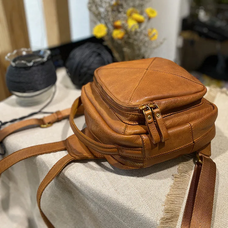 Unique Ladies Small Square Genuine Leather Backpack Purses Handbags for Women