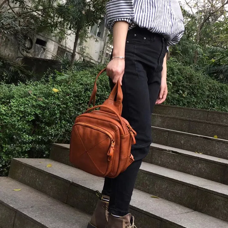 Unique Ladies Small Square Genuine Leather Backpack Purses Handbags for Women
