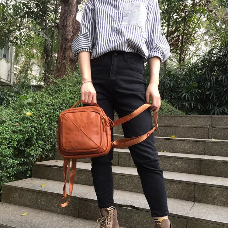 Unique Ladies Small Square Genuine Leather Backpack Purses Handbags for Women
