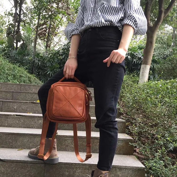 Unique Ladies Small Square Genuine Leather Backpack Purses Handbags for Women