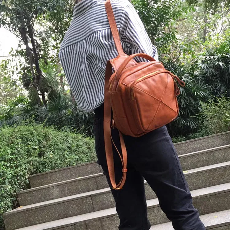 Unique Ladies Small Square Genuine Leather Backpack Purses Handbags for Women