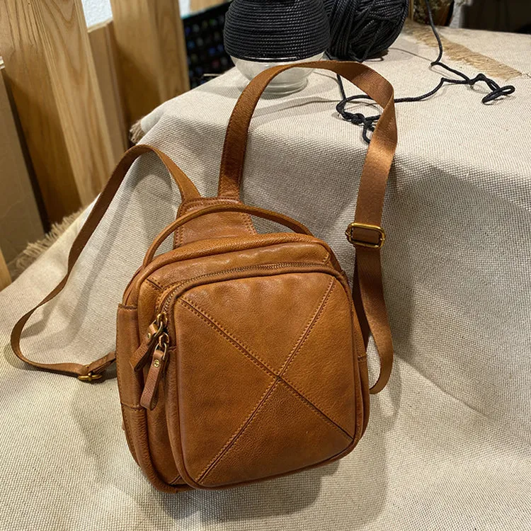 Unique Ladies Small Square Genuine Leather Backpack Purses Handbags for Women