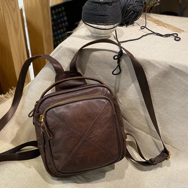 Unique Ladies Small Square Genuine Leather Backpack Purses Handbags for Women
