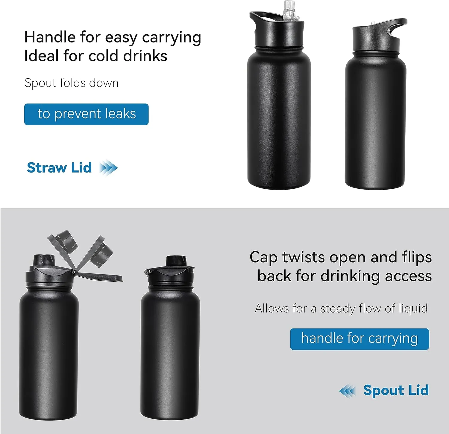 VEGOND 32 oz Insulated Water Bottle Stainless Steel Metal Water Bottles with Leak Proof Straw Lid & Spout Lid, Wide Mouth Double Walled Vacuum Travel Sports Bottle, Black