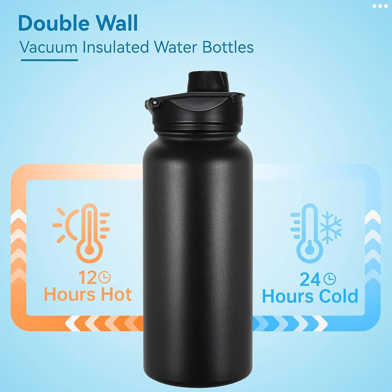 VEGOND 32 oz Insulated Water Bottle Stainless Steel Metal Water Bottles with Leak Proof Straw Lid & Spout Lid, Wide Mouth Double Walled Vacuum Travel Sports Bottle, Black