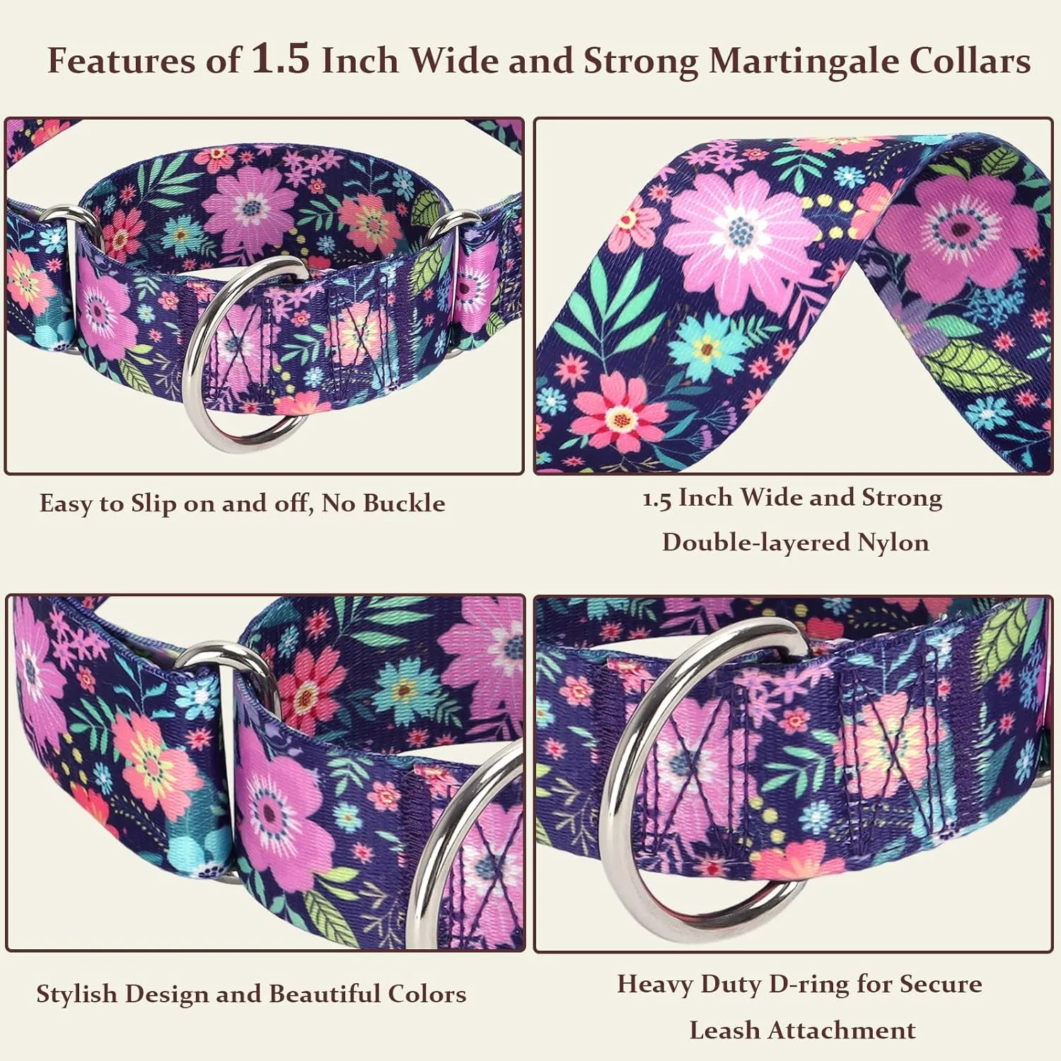 Wide 1.5 inch Martingale Collar for Medium Dogs,Big Thick Dog CollarNo-Slip Escape Proof Choke No Pull Cinch for Male and Female Dogs for Training & Walking -Bohemia Flowers M